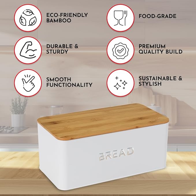 Culinary Couture White Bread Box for Kitchen Countertop with Bamboo Lid - Large BreadBox for Homemade Bread - Storage BreadBox with Cutting Board Lid