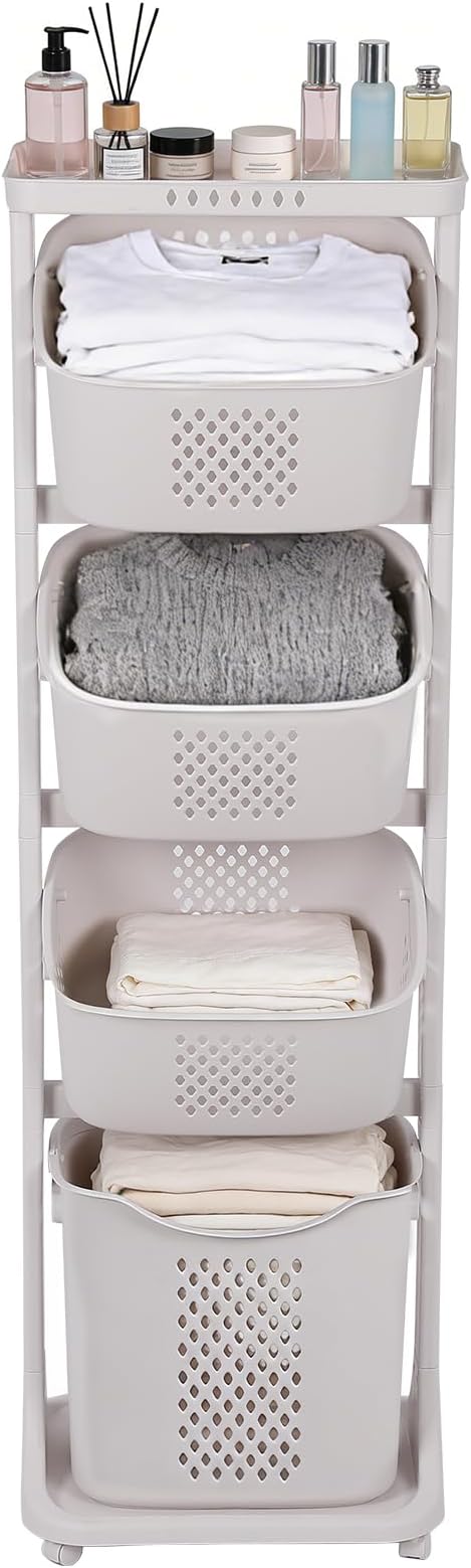 4-Tier Laundry Sorter Cart with Wheels, Large 95L Capacity Hamper Organizer, Rolling Storage with Removable Mesh Bins for Heavy Duty Use in Home, Dorm, Apartment (17.32"x13.1"x54.72")