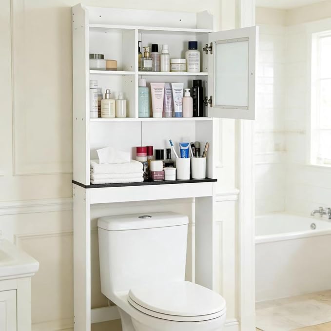 ZENY Over The Toilet Storage Cabinet, Bathroom Organizer with Adjustable Shelf and Double Doors, Freestanding Bathroom Space Saver Toilet Rack (White)