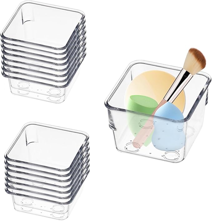 16 PCS Stackable Clear Drawer Organizers 3" x 3" x 2" Square Trays Small Makeup Vanity Storage Bins Clear Desk Drawer Organization Container Dividers for Office Bathroom Kitchen Utensil