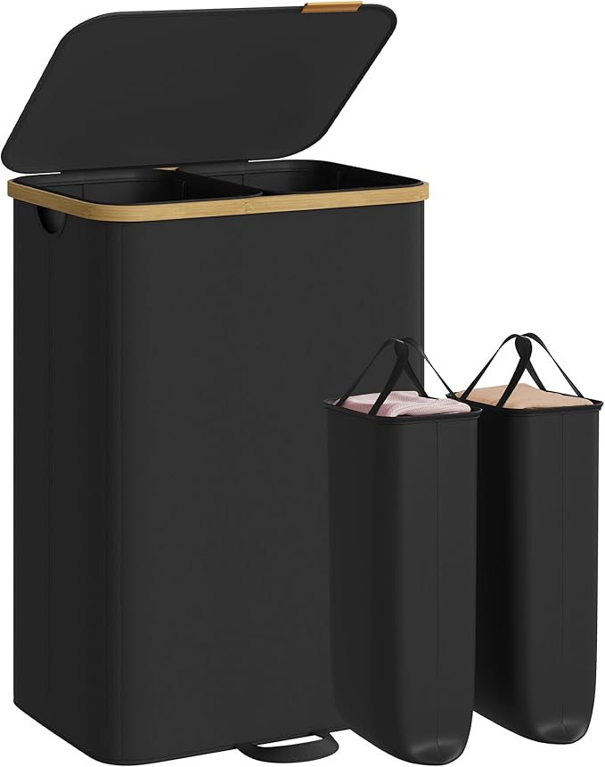 SONGMICS Laundry Hamper, Laundry Sorter with Lid, Storage Basket Bin, Removable Liners, Bamboo Frame, for Bedroom, 2 Sections, 39.6 Gal. (150 L), Ink Black ULCB532BH01