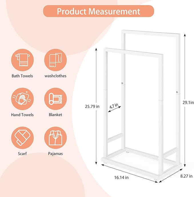 Freestanding Towel Racks for Bathroom 2 Tier Hand Towel Drying Rack Metal Blanket Towel Holder Stand for Bedroom Indoor Outdoor Pool Small Blanket Rack (Matte White)