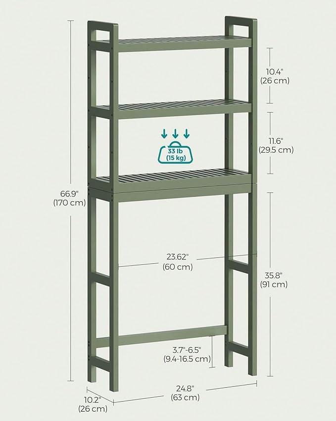 Over the Toilet Storage, 3-Tier Bamboo Bathroom Organizer with Adjustable Shelf, Space-Saving Rack, 66.9" Tall (Green)