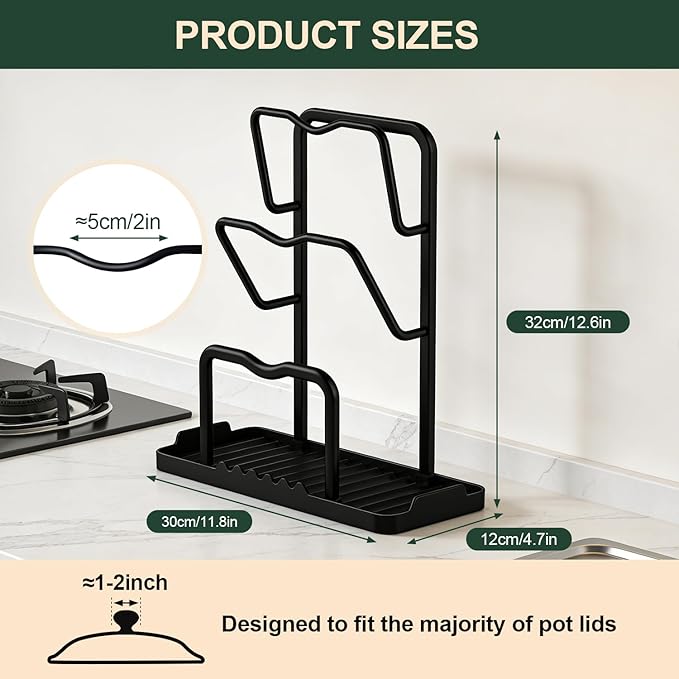 Kitchen Pot Lid Storage Rack: Carbon Steel 2 Pot Lid Organizer While Cooking, Multifunctional Kitchen Pot Lid Holder with Tray, Space-Saving Countertop Organizer Storage for Cutting Boards (Black)