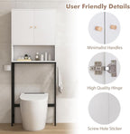 Tangkula Over The Toilet Storage Cabinet, Bathroom Space Saver Organizer with 2 Doors, Metal Stand, 2 Side Hooks, Freestanding Above Toilet Storage Cabinet for Restroom Laundry (White)