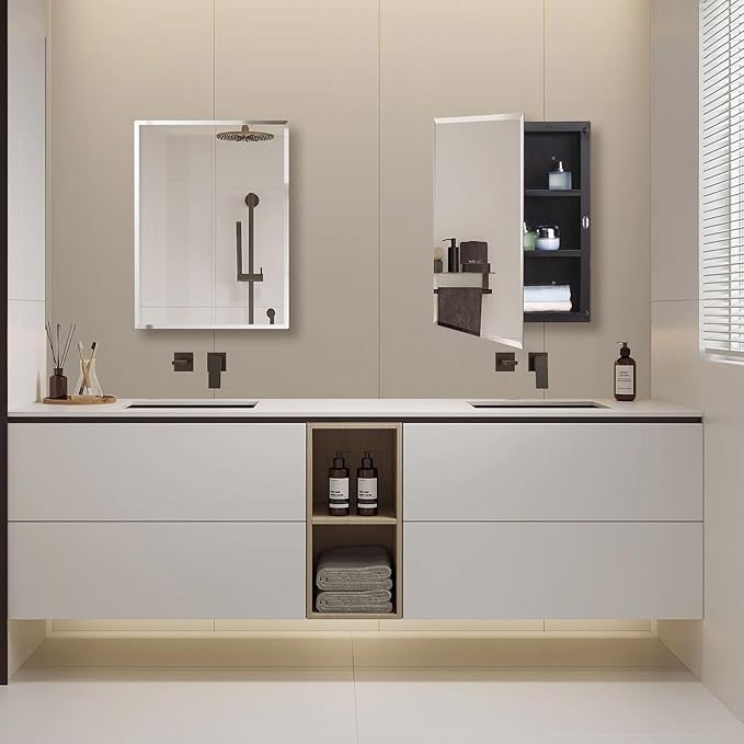 Black Plastic Bathroom Medicine Mirror Cabinet Beveled Edge, 16 x 20 inch, Surface and Recessed Mount
