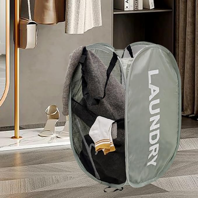 Mesh Popup Laundry Hampers, Collapsible Laundry Baskets, 2 Pack Dirty Clothes Hampers for Home, Bathroom, College Dorm, RV Cruise, Travel (Gray + Blue)