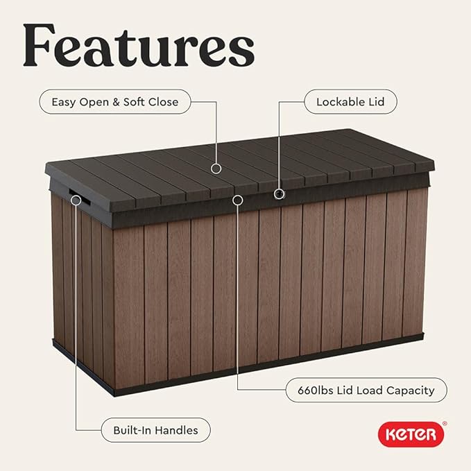 Keter Darwin 150 Gallon Resin Large Deck Box - Organization and Storage for Patio Furniture, Outdoor Cushions, Garden Tools and Pool Gear