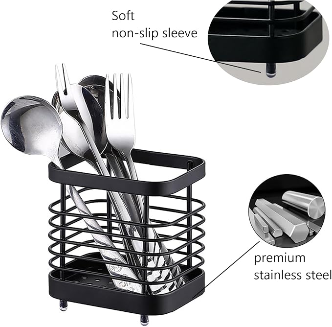 Utensil Holder, Stainless Steel Utensil Drying Rack，Wire Utensil Holder for Kitchen Counter, Silverware Cutlery Flatware Holder Forks, Knives, Spoons Organizer (Black)
