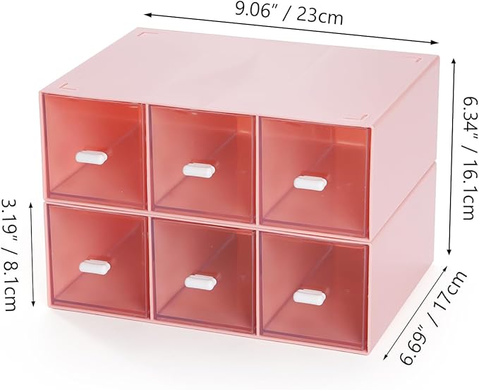 Desktop Drawers, Desk Organizer with 6 Drawers, Stackable Plastic Storage Box for Home Collection, Cosmetics, Jewelry, Office Supplies (2 Tall Layers, Pink)