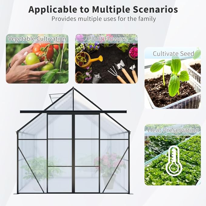 Heavy-Duty Walk-in Polycarbonate Greenhouse with Dual Sliding Doors, Adjustable Roof Ventilation, and Galvanized Steel Base for Year-Round Outdoor Gardening (Black 8*6FT)