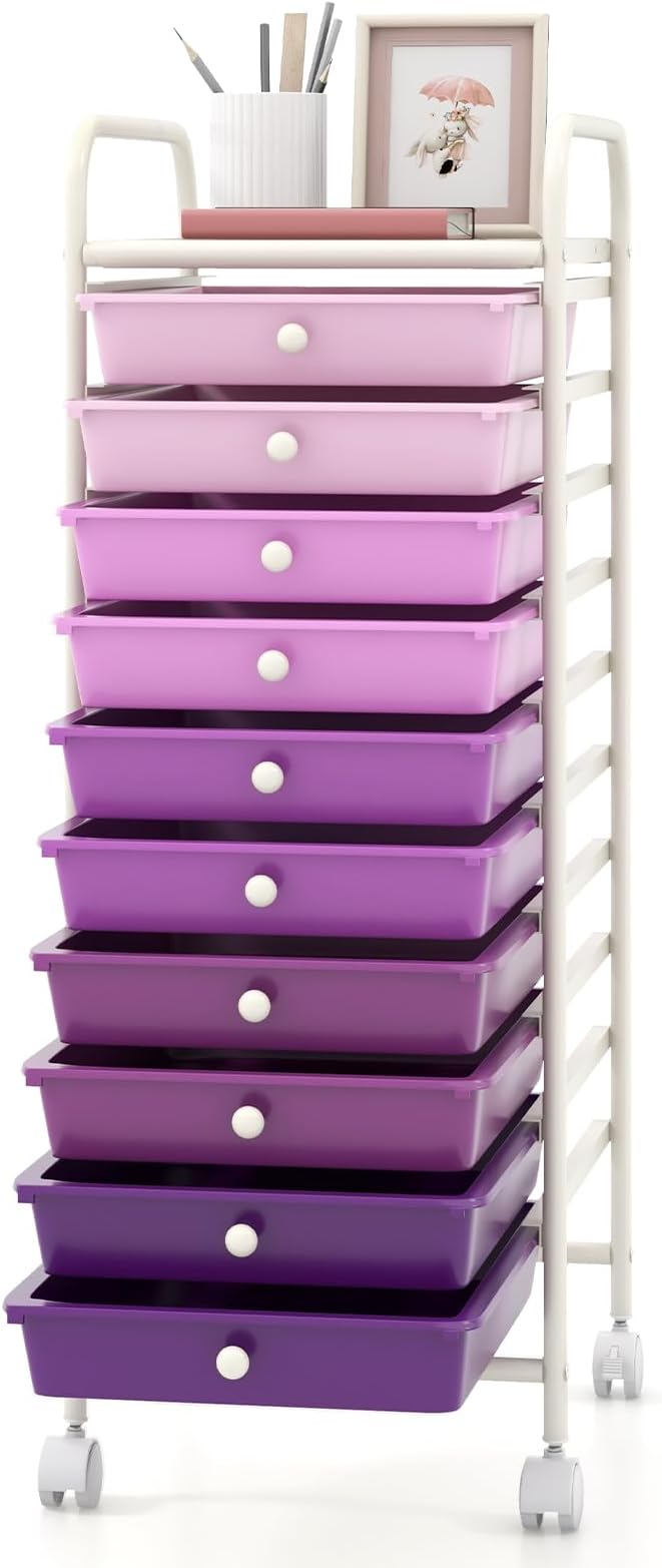 GOFLAME 10-Drawer Rolling Storage Drawer Cart, Utility Cart with Removable Drawers & Metal Frame, Mobile Art Craft Drawer Cart with Lockable Wheels for Home, Office, Studio, School, Purple Gradient