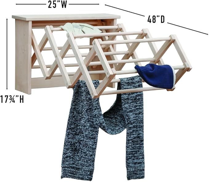 Pennsylvania Woodworks Large Wall Clothes Drying Rack ~ Heavy Duty Solid Maple Hardwood, Folding, Collapses to 25" x 20" x 8", Hand Built in USA, Unfinished
