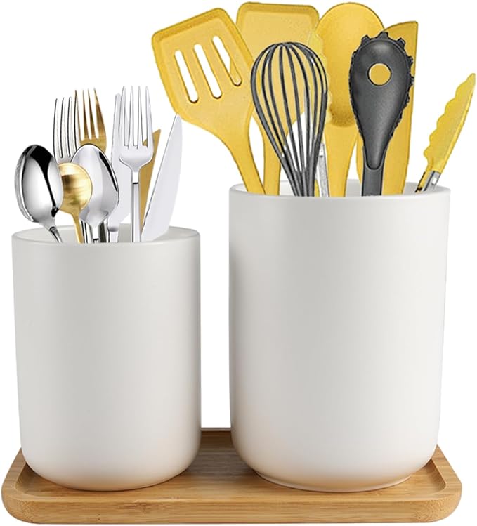 Utensil Holder,6.2"+5.2" Ceramic Utensil Caddy for Kitchen Counter with Bamboo Tray,Countertop Cooking Silverware Organizer for Spatula,Spoon,Knives Forks Caddy Holder,Kitchen Decor,Set of 2