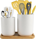 Utensil Holder,6.2"+5.2" Ceramic Utensil Caddy for Kitchen Counter with Bamboo Tray,Countertop Cooking Silverware Organizer for Spatula,Spoon,Knives Forks Caddy Holder,Kitchen Decor,Set of 2