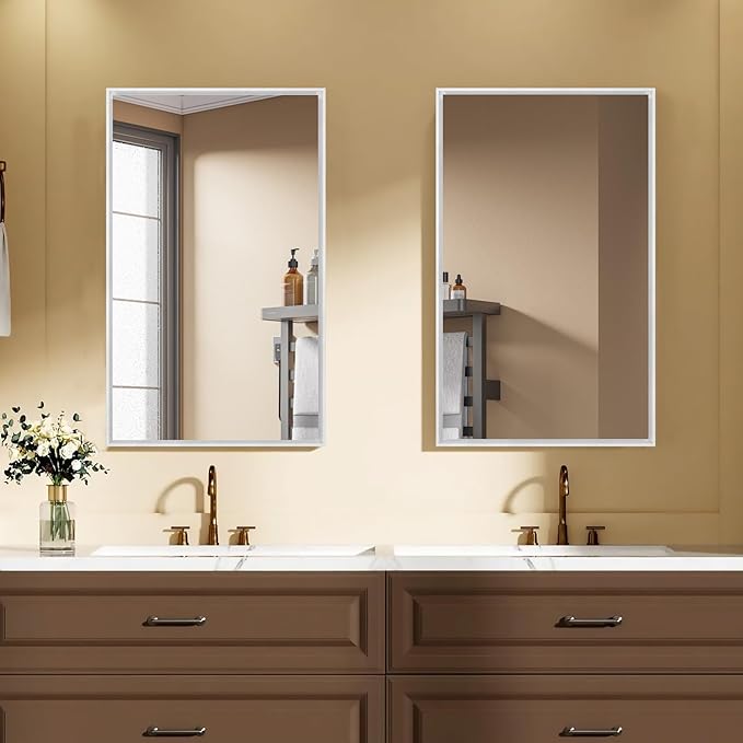 Plastic Medicine Cabinet with Mirror 16x26 inch, Recessed Medicine Cabinet or Surface Wall Mount Bathroom Cabinets with Adjustable Shelves, White Frame Mirror Cabinet