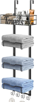 HarJue Over The Door Towel Racks, No Drill Towel Storage with Basket & Hooks, Space-Saving Multi-Functional Towel Holder for Bathrooms, bedrooms, Apartments, RVs (Matte Black)