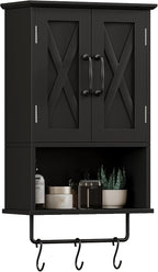ChooChoo Farmhouse Medicine Cabinet, Bathroom Wall Cabinet with Adjustable Shelf, Towel Bar, 3 Hooks, Over The Toilet Storage Cabinet for Bathroom, Kitchen, Black