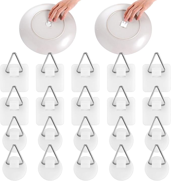 20Pcs Invisible Adhesive Plate Hanger, 1.25 Inch Vertical Plate Holders for The Wall, Adhesive Picture Hanger, Wall Plate Hanger Display Holder, Hanging Hooks for Decorative Plates and Wall Art