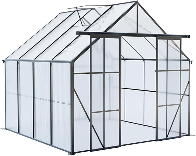 Double Sliding Door Polycarbonate Greenhouse with Rain Gutter and Roof Vent, Raised Base and Anchor Aluminum Heavy Duty Walk-in Green House, Outdoor Patio Sunroom (Black, 73.75*94.5*89.5in)