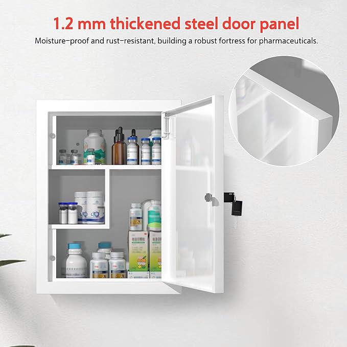 Locking Medicine Cabinet Wall-Mount: Storage Cabinet with Lock & Key - White Metal First Aid Kits for Childproofing and Family Safety 01