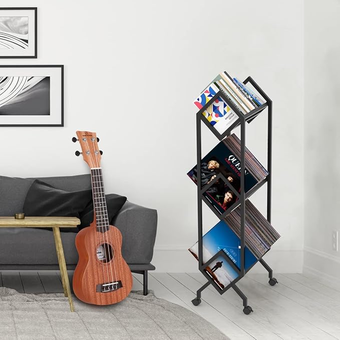 Mobile Vinyl Record Storage Rack, LP Storage Shelf, Record Holder for Albums, Magazine Display, Book and Files Organizer, 3 Tier Vinyl Record Stand with Matte Black Metal