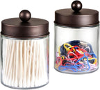 Amolliar Apothecary Jars Bathroom Storage Organizer - Cute Qtip Dispenser Holder Vanity Canister Jar Glass with Lid for Cotton Swabs,Rounds,Bath Salts,Makeup Sponges,Hair Accessories/Bronze (2 Pack)