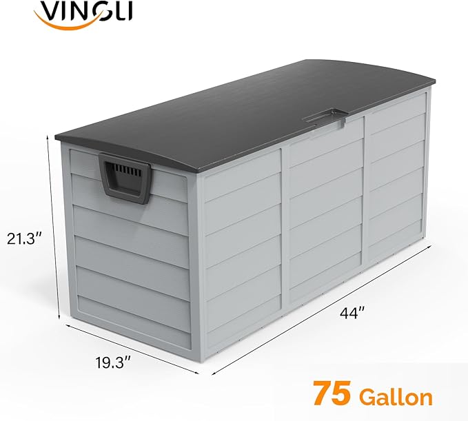 VINGLI 75 Gallon Outdoor Storage Box, Lockable Plastic Storage Containers with Lid, Patio Deck Box Furniture for Garden, Pool, Balcony, Yard (Grey)