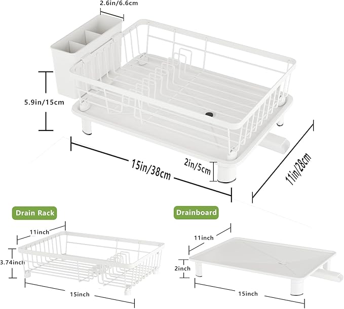 Dish Drainer Rack with Drip Tray, Sink Dish Drainer with Drainage Spout, Stainless Steel Dish Drying Rack with Cups, Utensil & Cutting Board Holders for Kitchen Counter Space-Saving, White