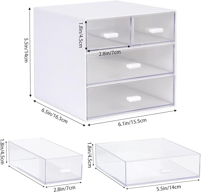 Desk Organizer with Drawer, Office Organizer with 4 Drawers, Desk Storage Box for, Desktop, Dressing table, Office, School, Home, Plastic Box and 4 Acrylic Drawers(White)