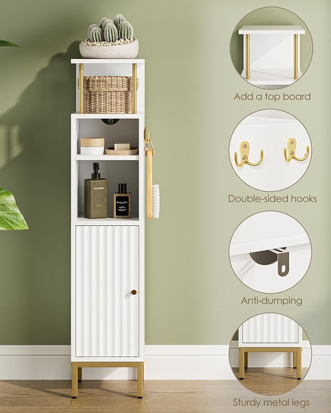 Bathroom Storage Cabinet,Small Corner Floor Cabinet with 2 Hook,Narrow Toilet Paper Cabinet with Adjustable Shelves,Bathroom Organizer for Living Room,Small Spaces (Wave, White-37''H)
