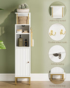 Bathroom Storage Cabinet,Small Corner Floor Cabinet with 2 Hook,Narrow Toilet Paper Cabinet with Adjustable Shelves,Bathroom Organizer for Living Room,Small Spaces (Wave, White-37''H)