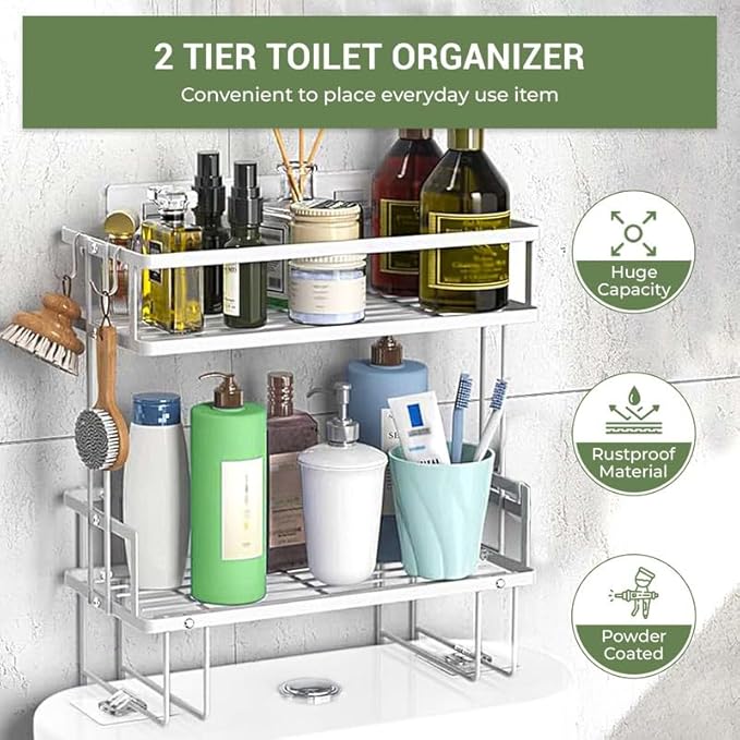DINEST 2 Tier Over The Toilet Storage Shelf, Anti Resistant Bathroom Shelf Over Toilet Organizer, Multifunctional No Drilling Above Toilet Storage with Wall Mounting Design(White)
