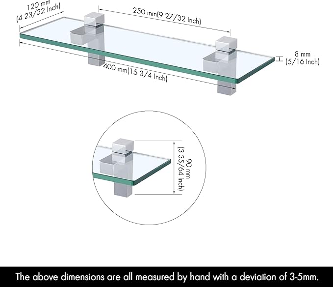 KES Glass Shelves for Bathroom, Bathroom Tempered Glass Shelf Rectangle 16 Inch Bracket Wall Mount 2 Pack Polished Chrome, BGS3201S40-P2