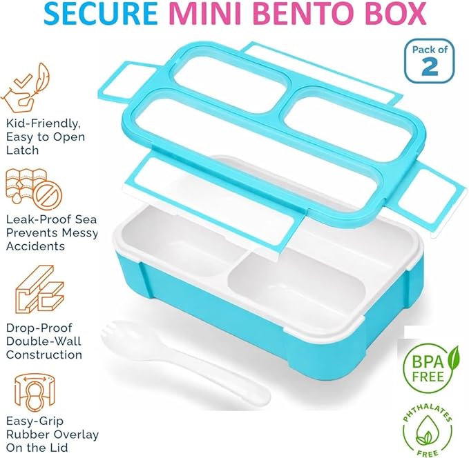 Small Snack Containers for Kids Toddlers - 3 Compartments (Set of 2) - Leak-proof Reusable Snack Boxes with Lids - BPA-Free Mini Bento Lunch Box - Ideal for School, Daycare, Holds 2 Cups (Pink + Blue)