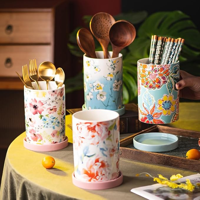 WAIT FLY Flower Porcelain Kitchen Utensil Holder with Bottom Flatware Storage Organizer Utensil Crock for Countertop Kitchen Counter Decor-Pink