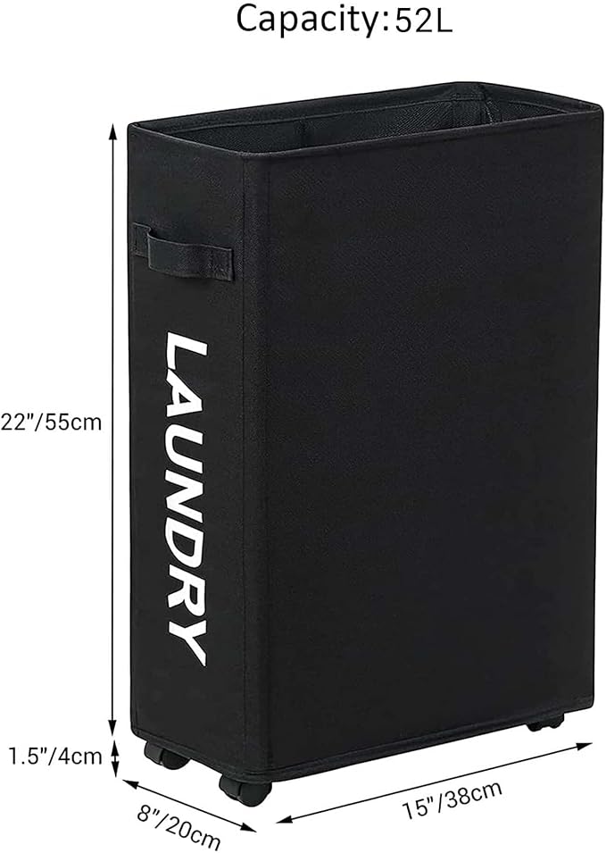 ZERO JET LAG Slim Rolling Laundry Hamper - Roll Hamper On Wheels - Standable Corner Bin - 52L Handy Storage Basket - Slim Laundry Basket - Waterproof Dirty Clothes Hamper - 15×8×22" (22 Inches, Black)