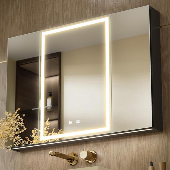 KWW LED Lighted Bathroom Medicine Cabinet with Sockets & USBs, Defogger, Dimmable, 3 Color Light Makeup Mirror, Easy to Install, Wall Mounted Cabinet (3 door-40 * 28)