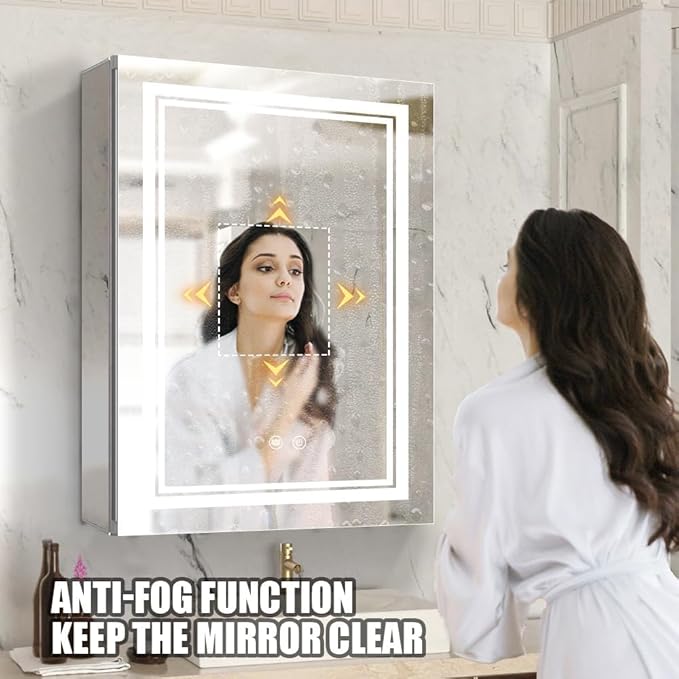 High-End Led Medicine Cabinet,Lighted Medicine Cabinet,3 Colors&Dimmable,Demister,Lighted Glass Shelf,USB Shaver Socket.Surface Mount or Recess Mount,20×28inch