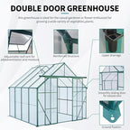 Heavy-Duty Walk-in Polycarbonate Greenhouse with Dual Sliding Doors, Adjustable Roof Ventilation, and Galvanized Steel Base for Year-Round Outdoor Gardening (Green 8*8FT)