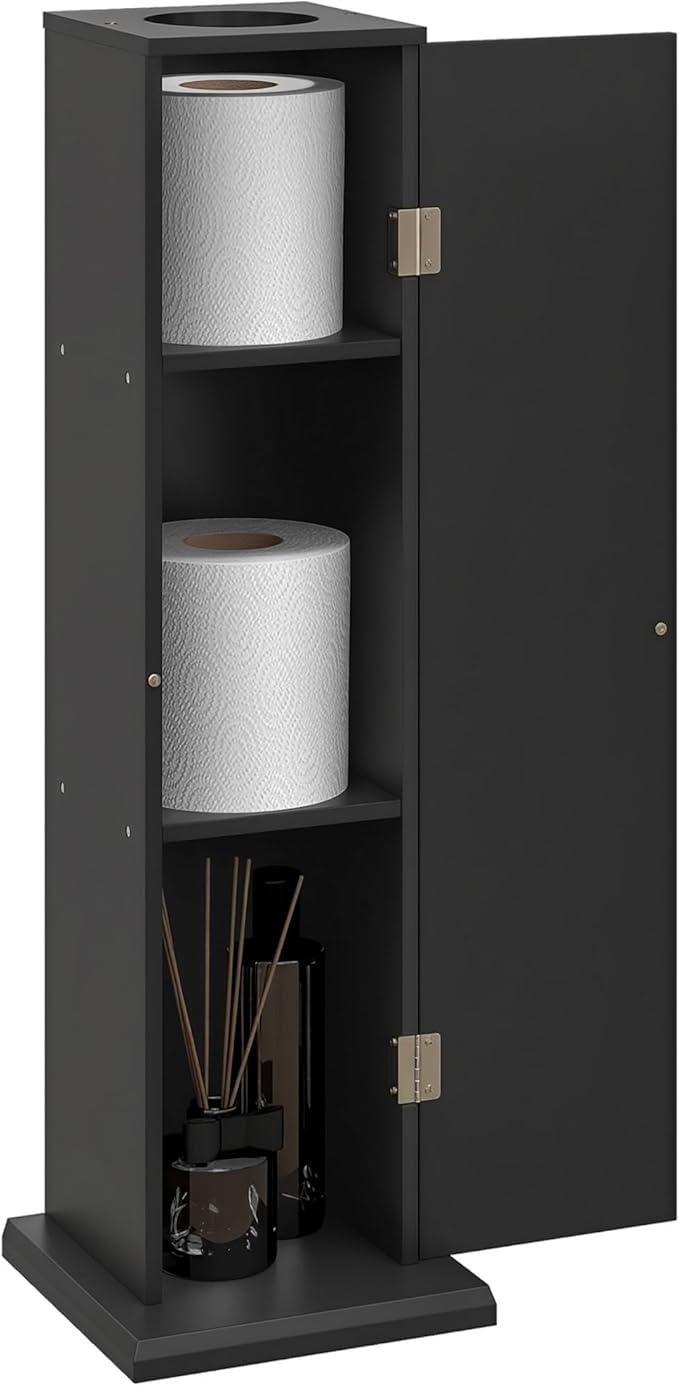 HOMCOM Toilet Paper Cabinet, Small Bathroom Corner Floor Cabinet with Doors and Shelves, Thin Storage Bathroom Organizer for Paper Shampoo, Black
