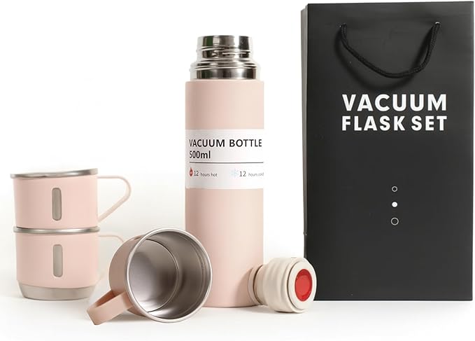 Pink Vacuum Flask Gift Set, Stainless Steel Insulated Water Bottle w/ 3 Cups, Hot & Cold Drinks Coffee Thermo Water Bottle, Reusable Thermal Cup for Outdoor Camping Travel, Termos para Agua Fria, 17oz