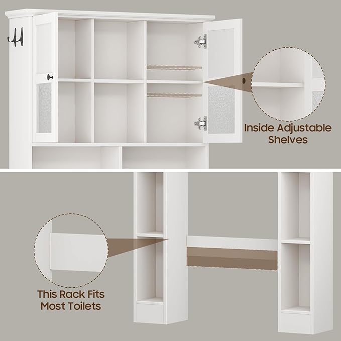 Over The Toilet Storage Cabinet, Bathroom Shelf Over Toilet with Hammered Grain Glass Doors and Adjustable Shelves, Freestanding Home Space Save Toilet Rack for Restroom, Bathroom, Laundry (White)