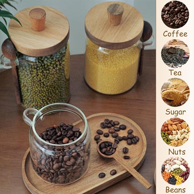 ANSQU Glass Jar with Wooden Lid and Spoon, 20.3oz Food Storage Containers Coffee Jar Coffee Grounds Container, Glass Food Storage Canister (1 Pack)