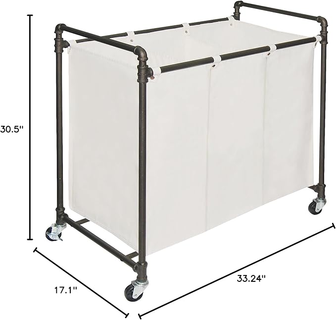028-28003 Modern Industrial Style 3 Section Laundry Sorter, 33.24” W x 17.10” D x 30.50”H, Satin Pewter