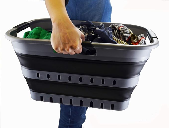 SAMMART 30L (8 Gallon) Collapsible 3 Handled Plastic Laundry Basket - Foldable Pop Up Storage Container/Organizer - Space Saving Hamper/Basket (Grey/Black)