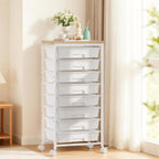 Rolling Cart with 8 Drawers, Plastic Drawer Storage Carts with Wheels & Wooden Tabletop, Metal Utility Cart Organizer for Bedroom Living Room Office Classroom Craft Organization and Storage, White