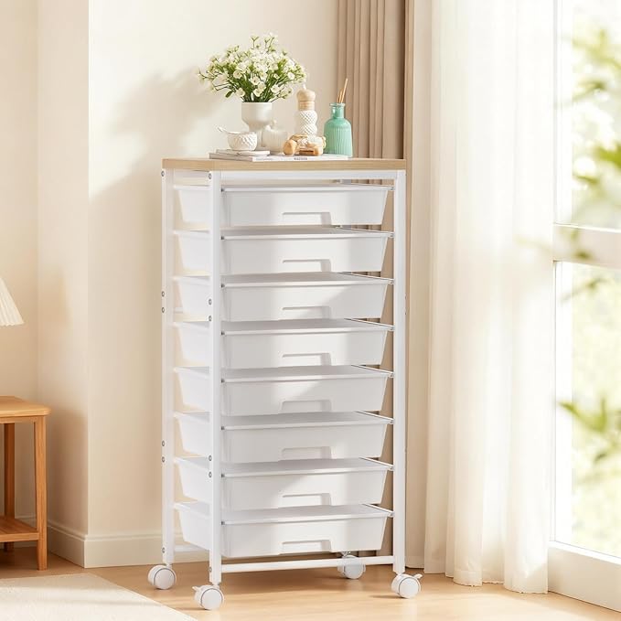 Rolling Cart with 8 Drawers, Plastic Drawer Storage Carts with Wheels & Wooden Tabletop, Metal Utility Cart Organizer for Bedroom Living Room Office Classroom Craft Organization and Storage, White