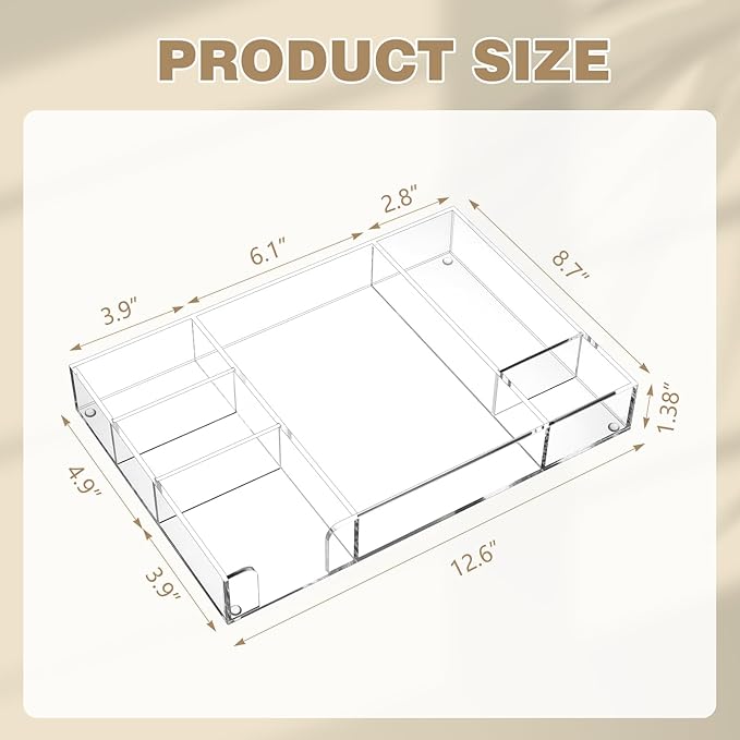 2 Pcs Clear Acrylic Desk Drawer Organizer 12 x 8 x 1.77 Inch Drawer Organizer Trays with 6 Compartments Desk Accessories for Office Makeup Silverware Bathroom