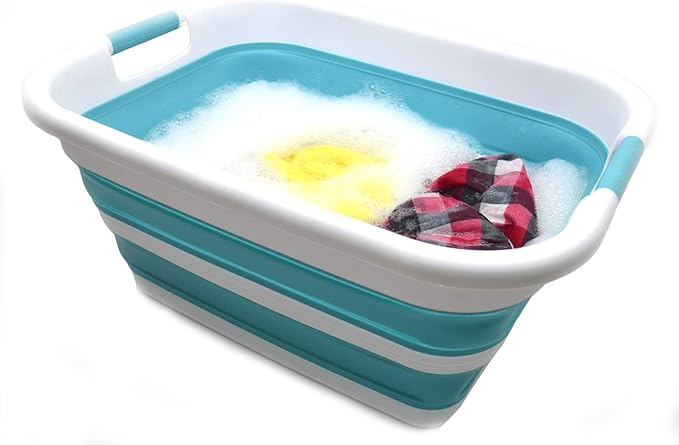 SAMMART 41L(10.8 gallon) Collapsible Plastic Laundry Basket-Foldable Pop Up Storage Container-Portable Washing Tub-Space Saving Basket,Water capacity 31L(8.2 gallon) (1, Bright Blue)